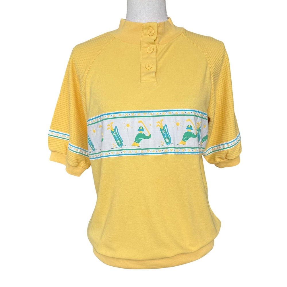 Vintage‎ Lynkette Yellow Golf Graphic Short Sleeve Sweatshirt Mock Neck Retro